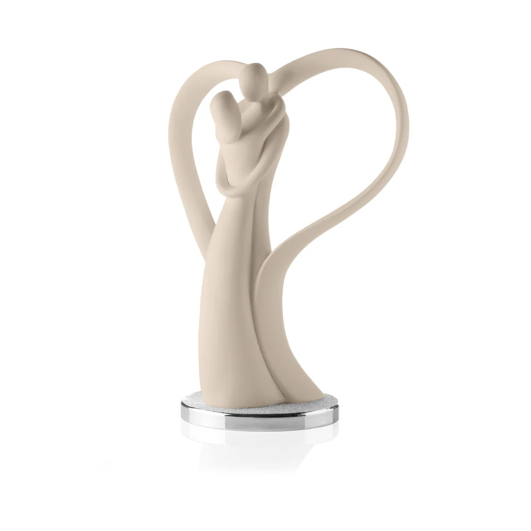 BONGELLI PREZIOSI Statua Figura Innamorati Cuore Nocciola 39cm Marmorino Base Argento