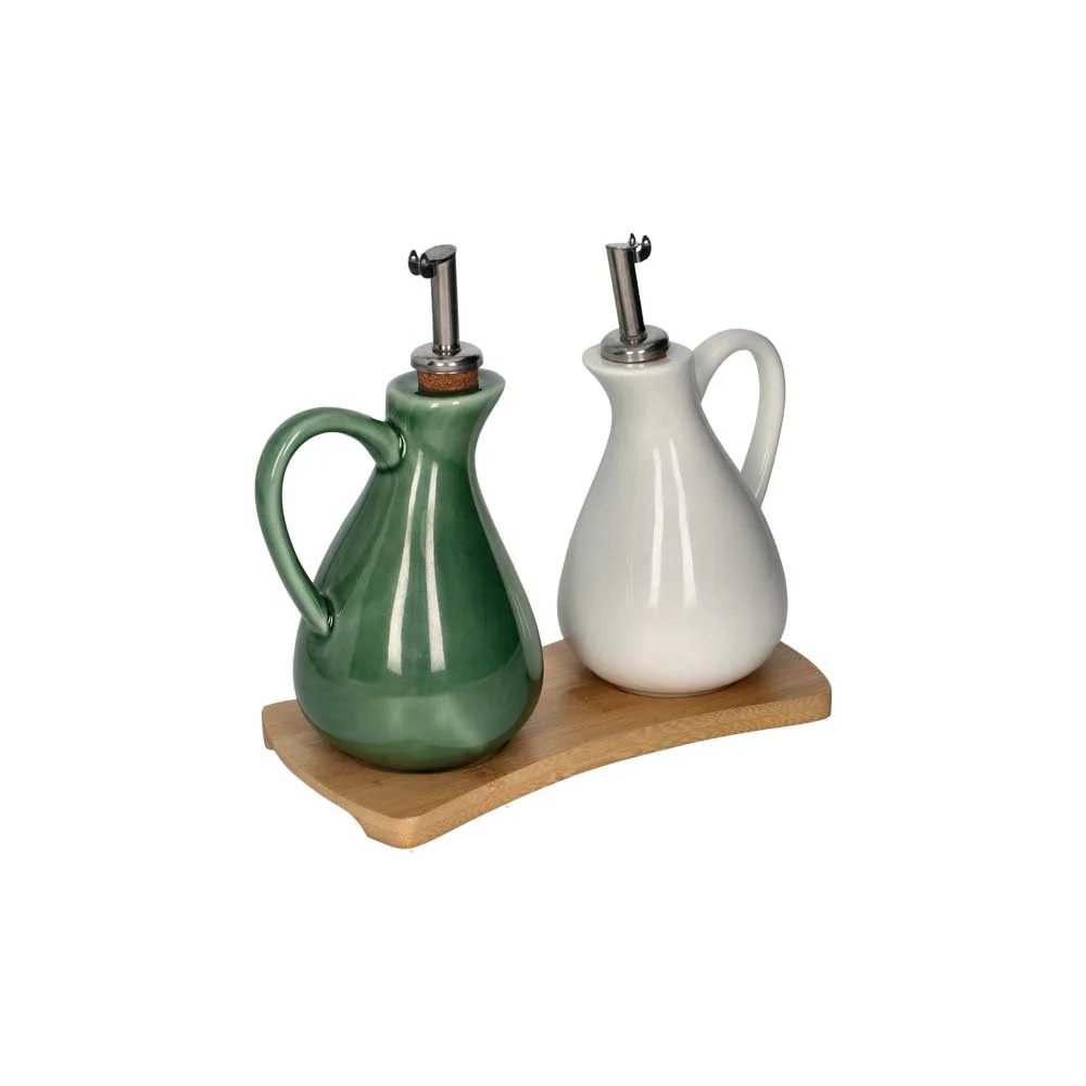 BRANDANI Olio Aceto Porcellana con Vassoietto Bamboo 19,5x17cm