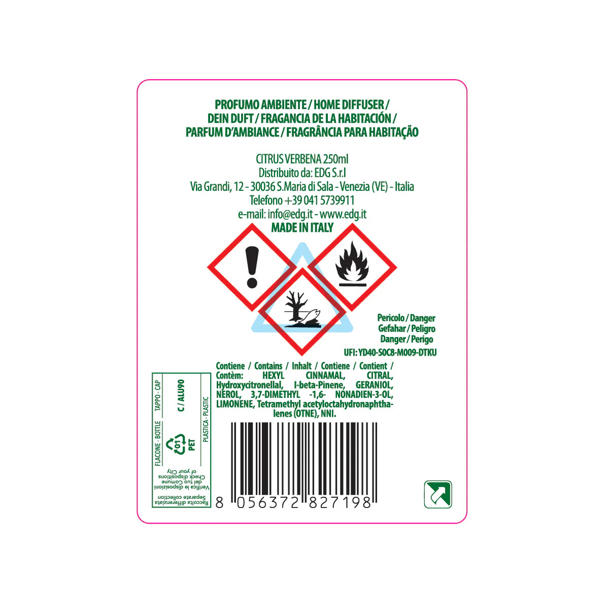 EDG Enzo De Gasperi Ricarica per Diffusore Profumatore 250ml Citrus Verbena - Image 2
