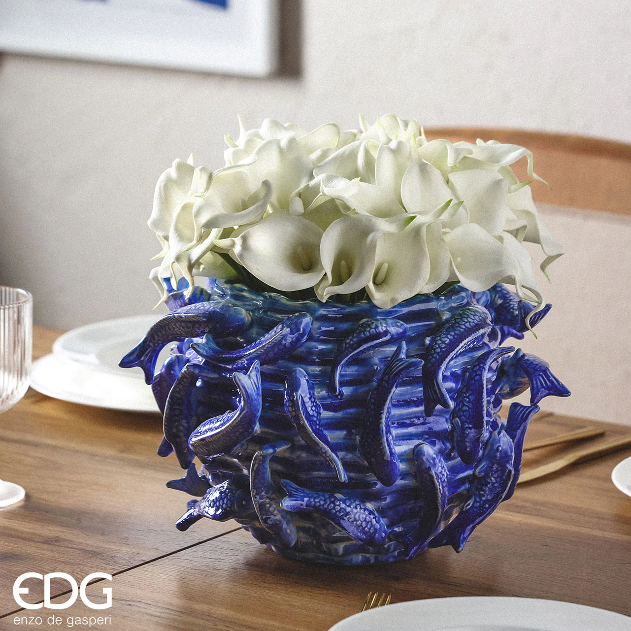 EDG Enzo De Gasperi Vaso Chakra Carpe Coi 20,5x33cm Blu Ceramica - Image 2