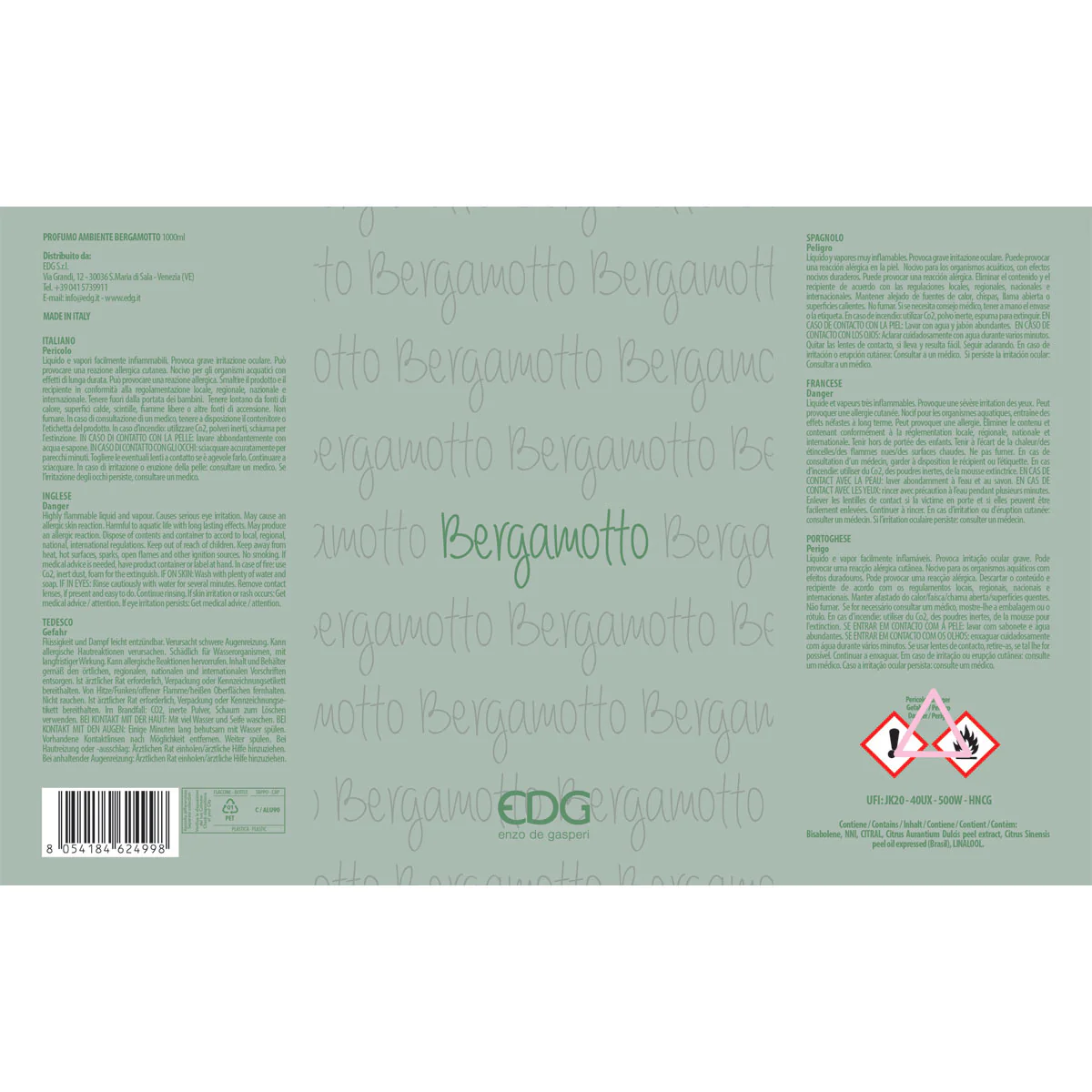 EDG Enzo De Gasperi Ricarica per Diffusore Profumatore 1 Litro Bergamotto - Image 3