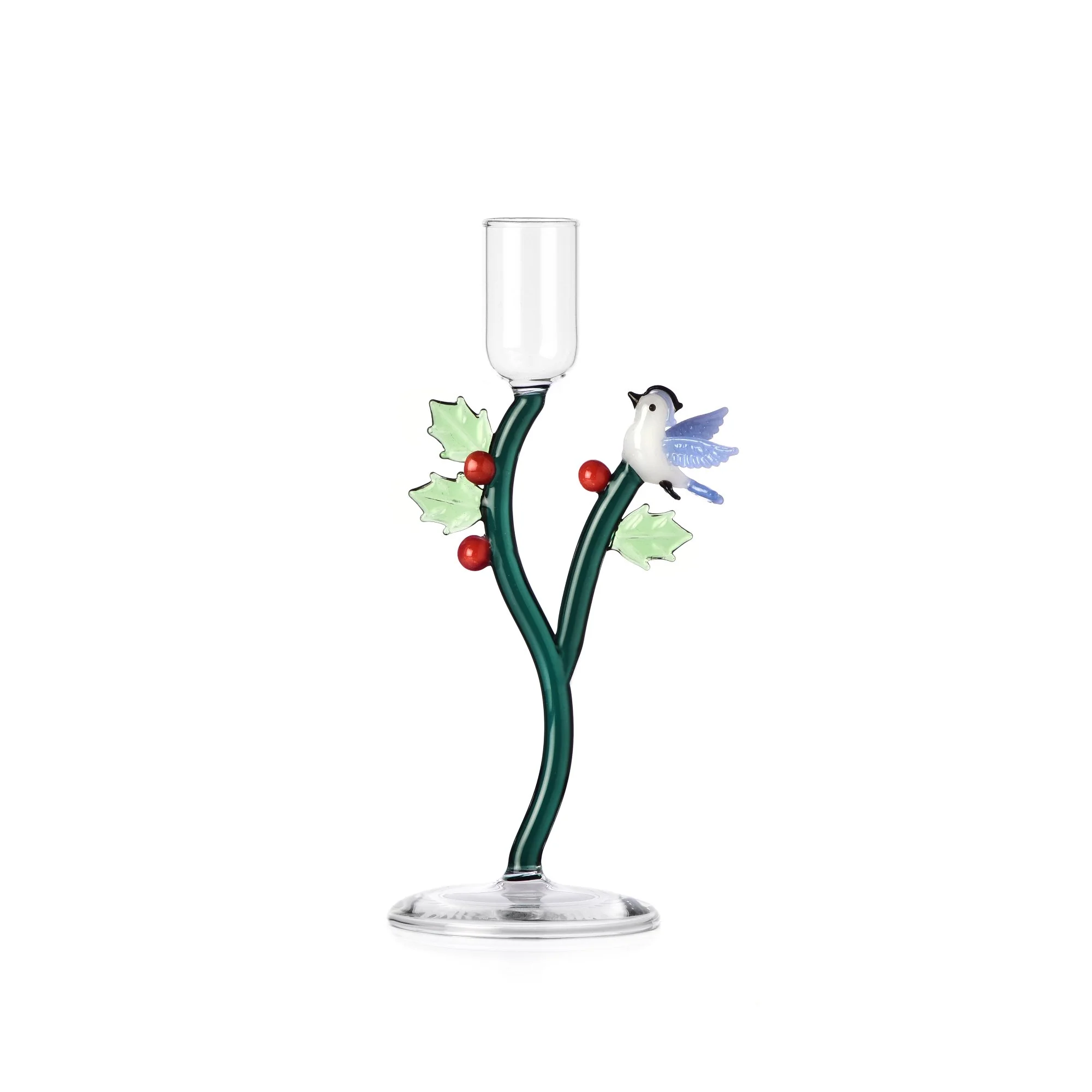 ICHENDORF Woodland Tales Candeliere Agrifoglio e Uccellino Azzurro 18,5cm Vetro Borosilicato