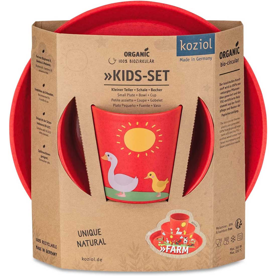 KOZIOL Set Bimbo 3 Pezzi Piatto Ciotola Bicchiere Organic Fattoria Rosso - Image 2