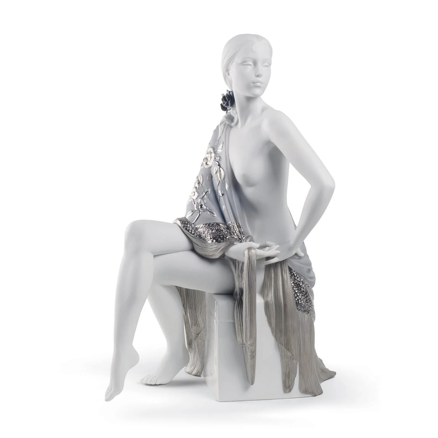 LLADRO' Figurina Donna Nudo con Scialle Lustro Argento 43x30cm Porcellana
