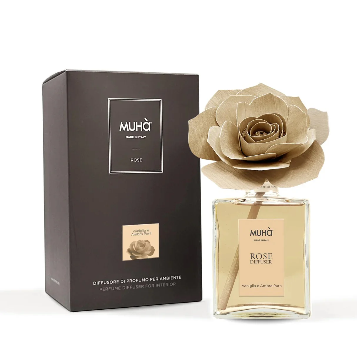 MUHA' Profumatore D'Ambiente Diffusore Rosa 200ml Vaniglia e Ambra Pura - Image 2